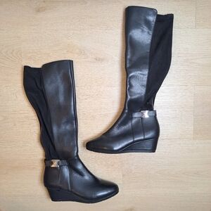 NEW Giana Bernini Black Leather Suede Classic Feminine Tall Wedge Boots Size 6M